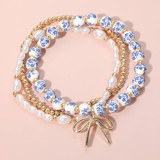 3PCS - Metal Bow Charm Pointed Ceramic Ball Pearl Bracelets