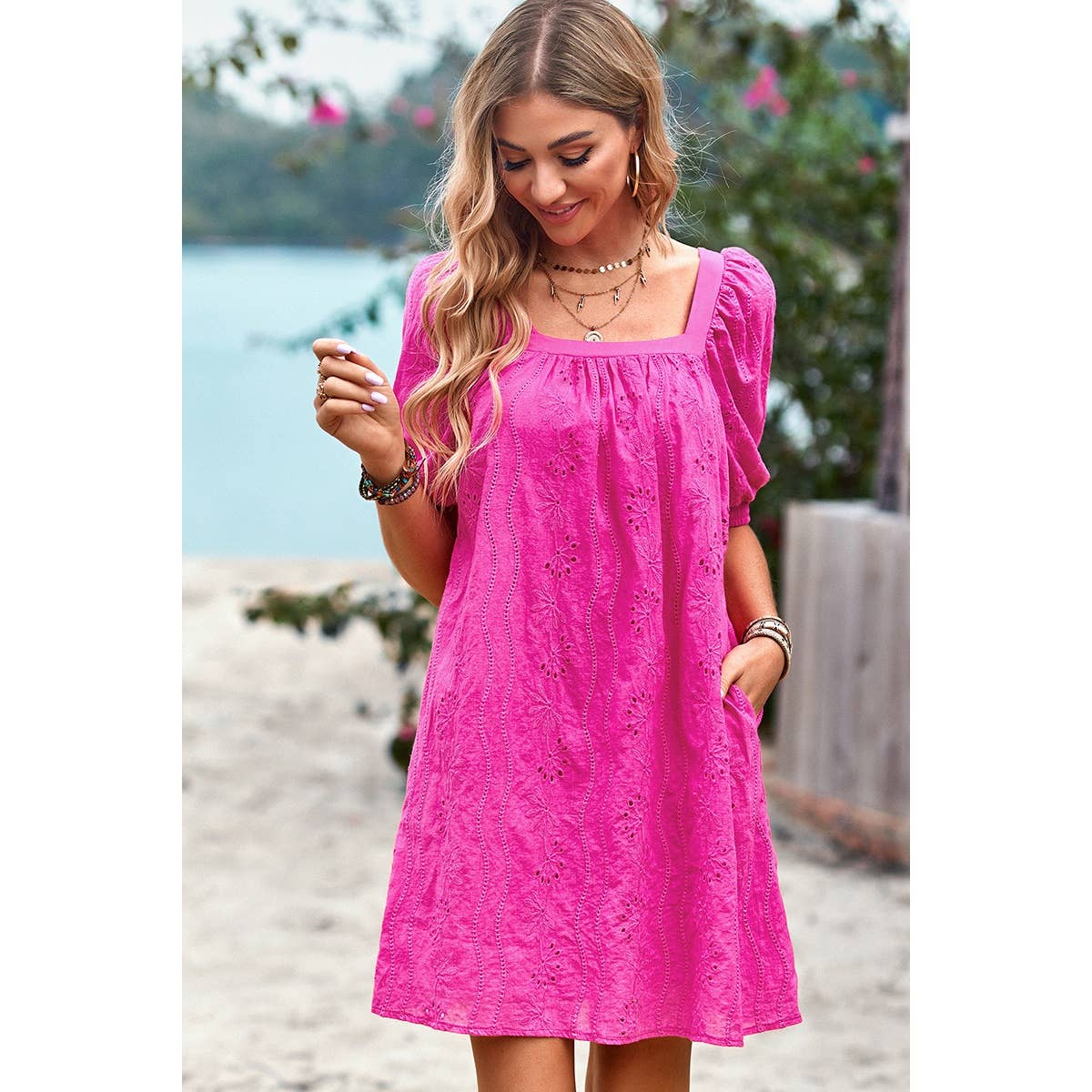 Square Neck Short Bubble Sleeve Babydoll Dress: WHITE / M