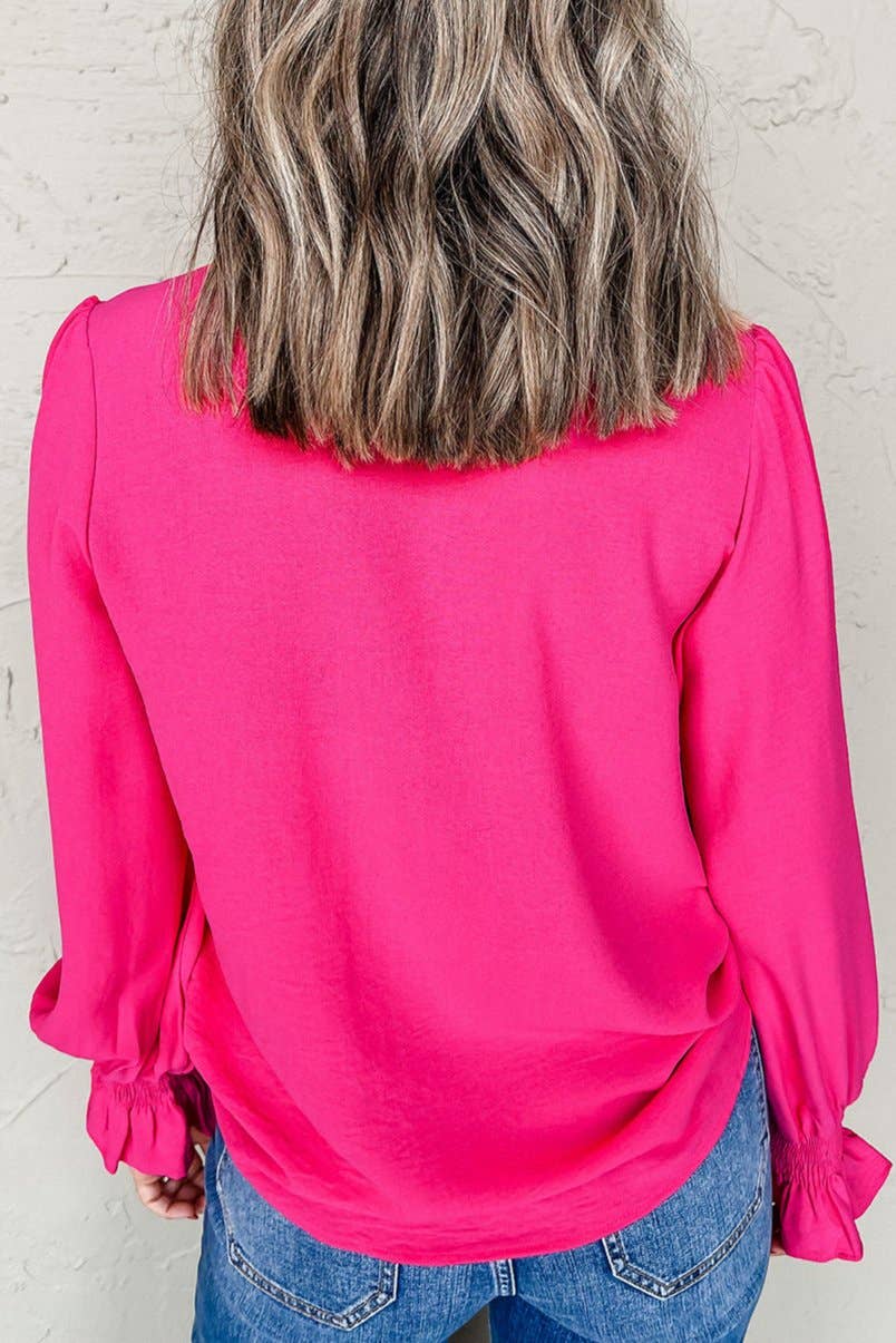 Solid Shirred Long Sleeve Blouse: Rose Red / M