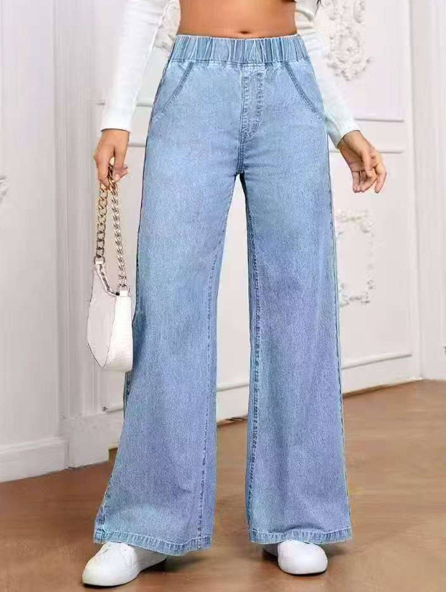 Wide-leg plus-size elastic waist jeans: DARKBLUE / (L) 1