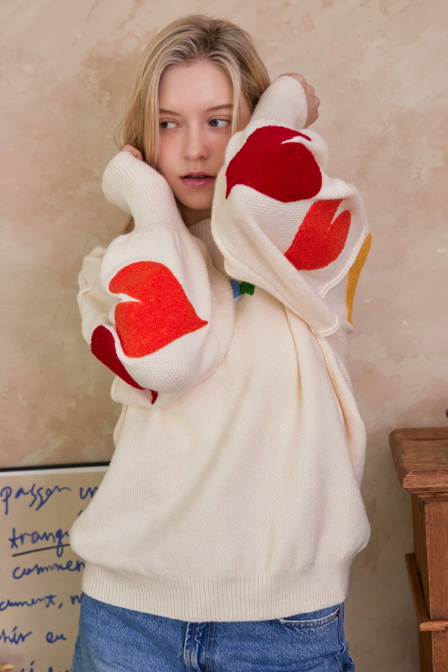 Rainbow Heart Shaped Patch Sweater: Ivory Multi / M
