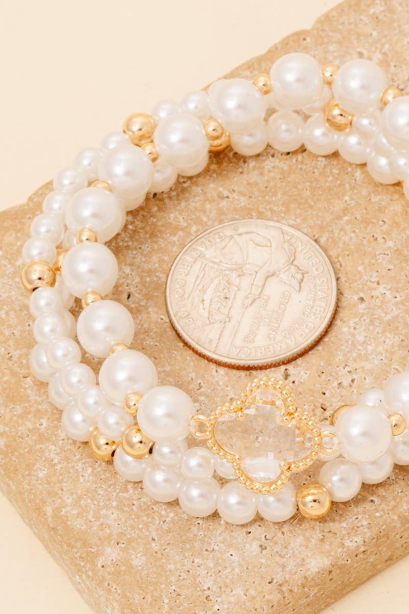 Faceted Clover Charm Pearl Beaded Bracelet Set: GDCRM