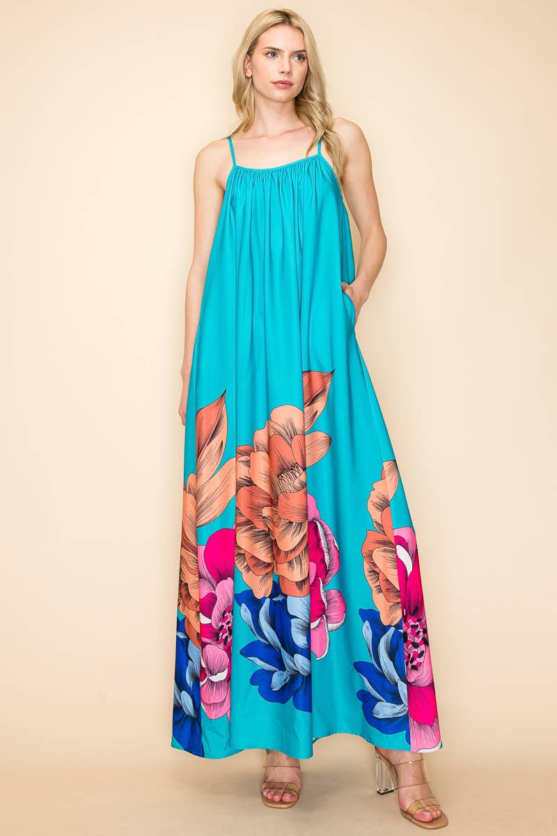 PRINTED MAXI SUN DRESS WITH POCKETS: Orange