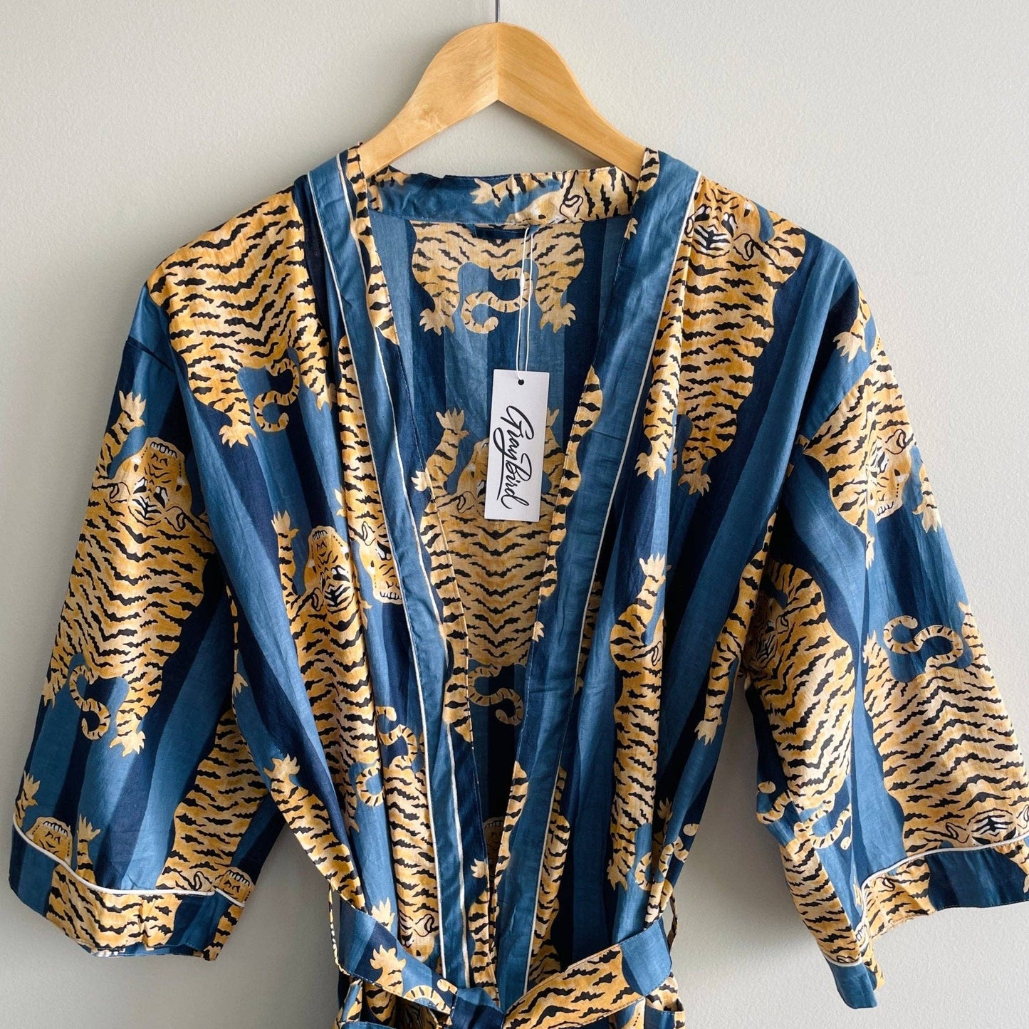 POPULAR 100% Cotton Block Printed Kimono Robe- Blue Tiger