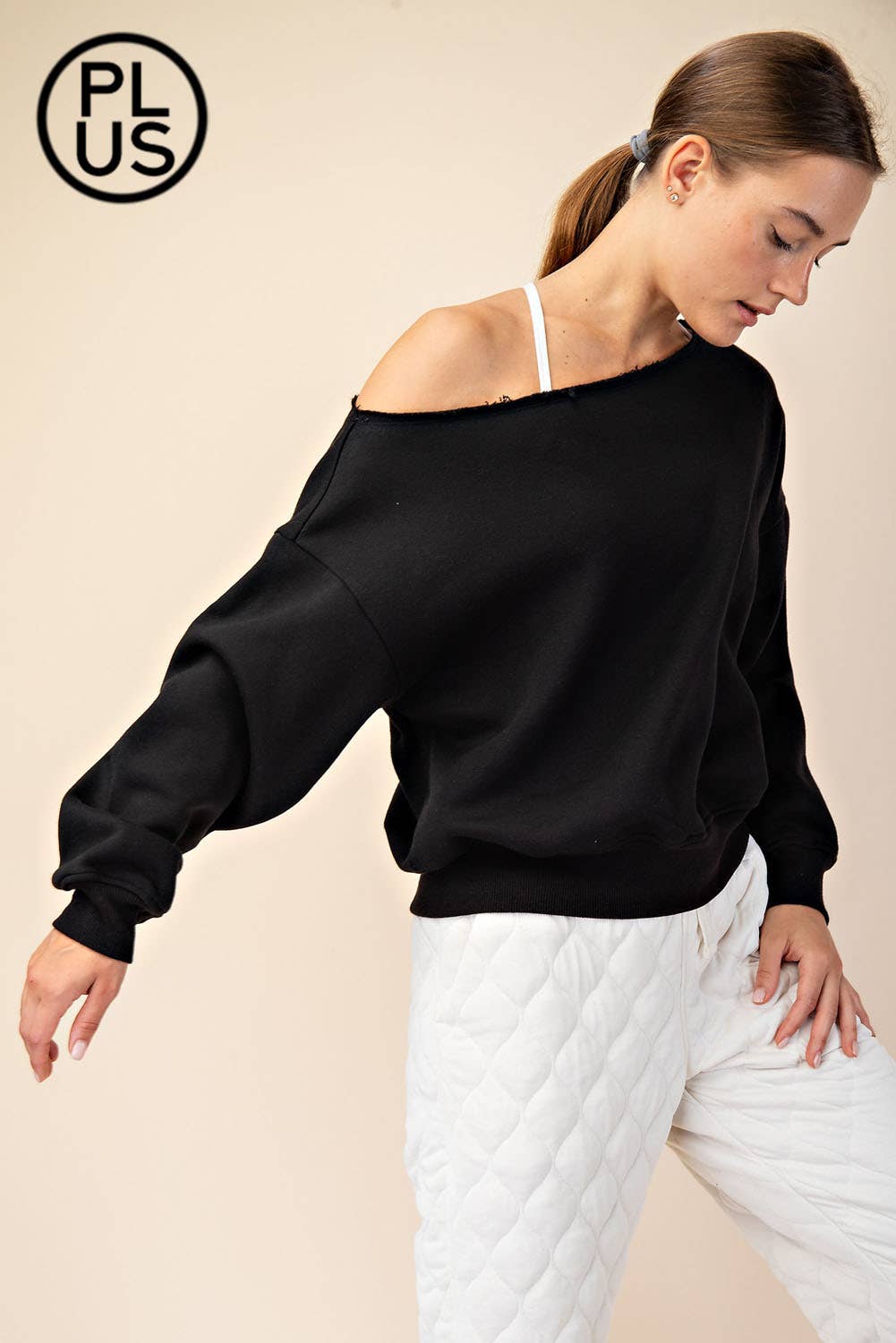PLUS SIZE FRENCH TERRY FLEECE OFF SHOULDER SWEATSHIRT: Eucalyptus / 1X-2X-3X(3-2-1)