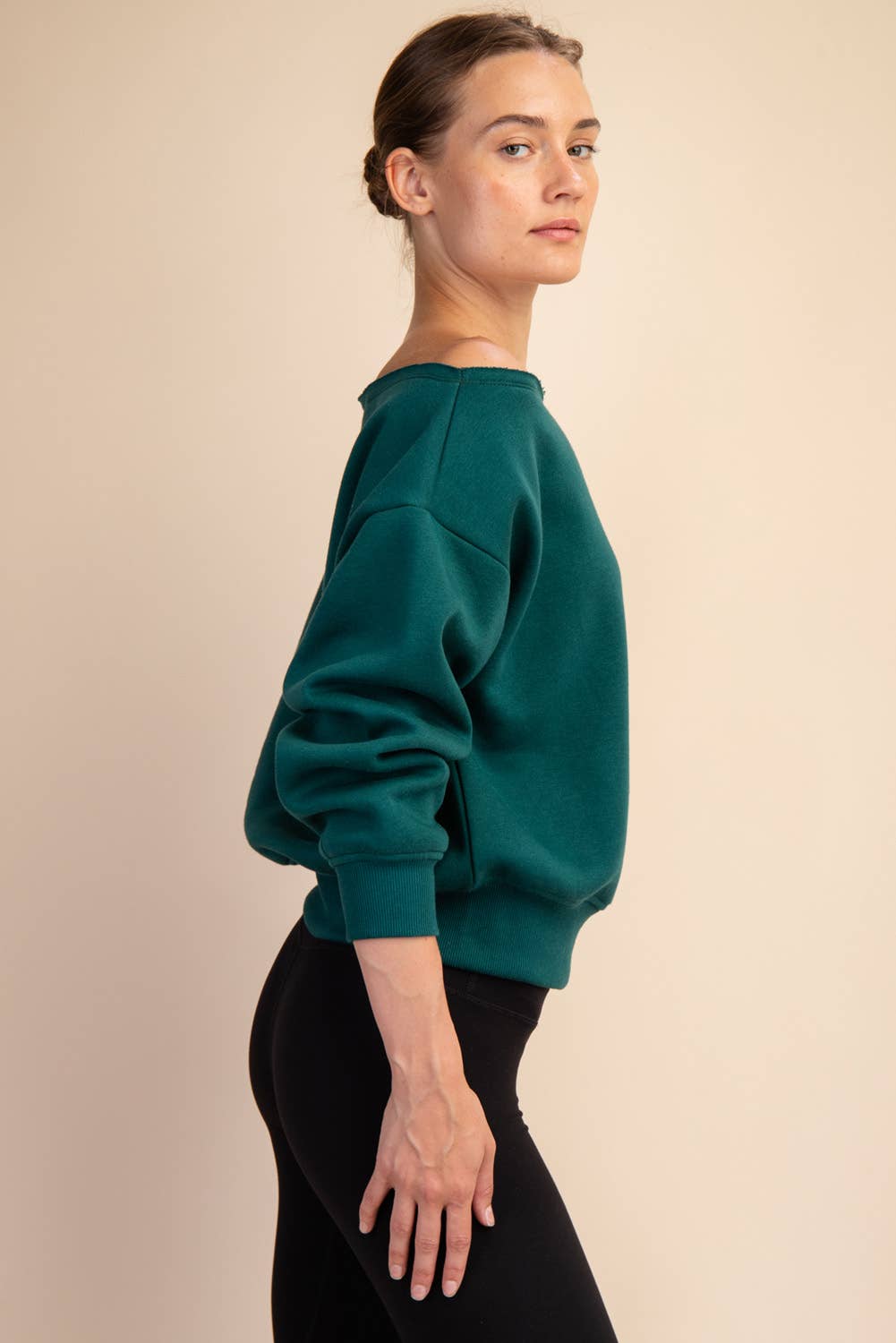 FRENCH TERRY FLEECE OFF SHOULDER SWEATSHIRT: Eucalyptus / S-M-L(2-2-2)