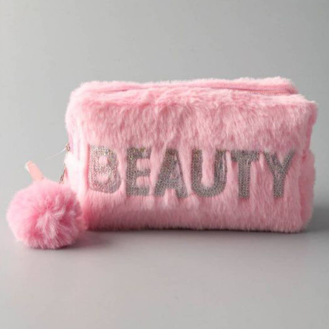 Beauty Letter Decorated Furry Cosmetic Bag: Pink / ONE SIZE