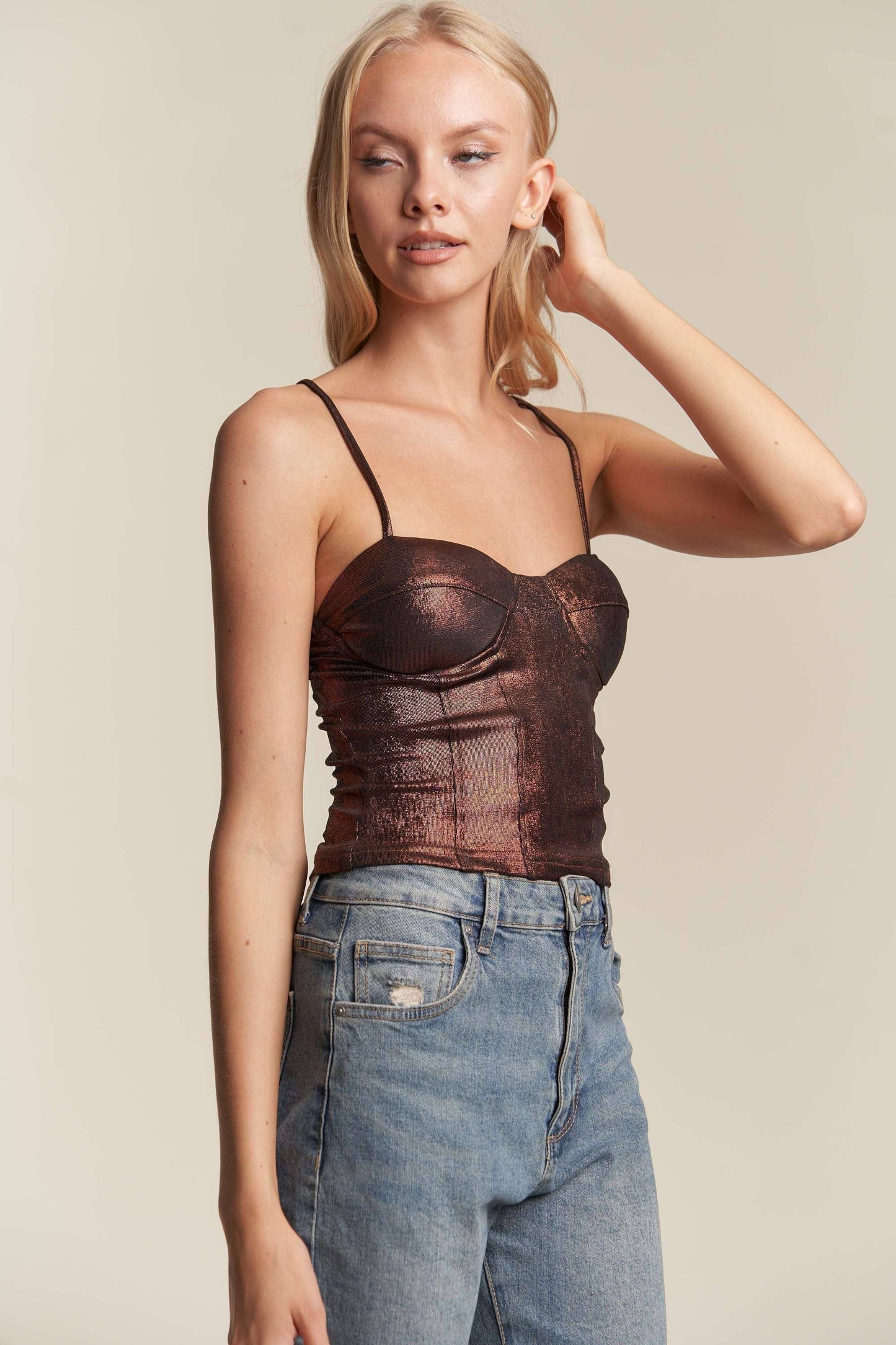 FOILED CAMI CORSET TOP WITH SPAGHETTI STRAP: COPPER / L