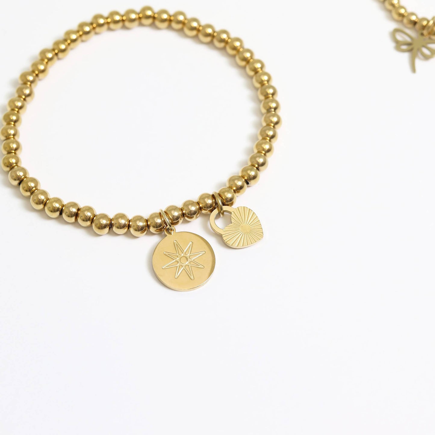 18K Gold PVD Stainless Steel Sunburst Heart Lock Charm: Gold