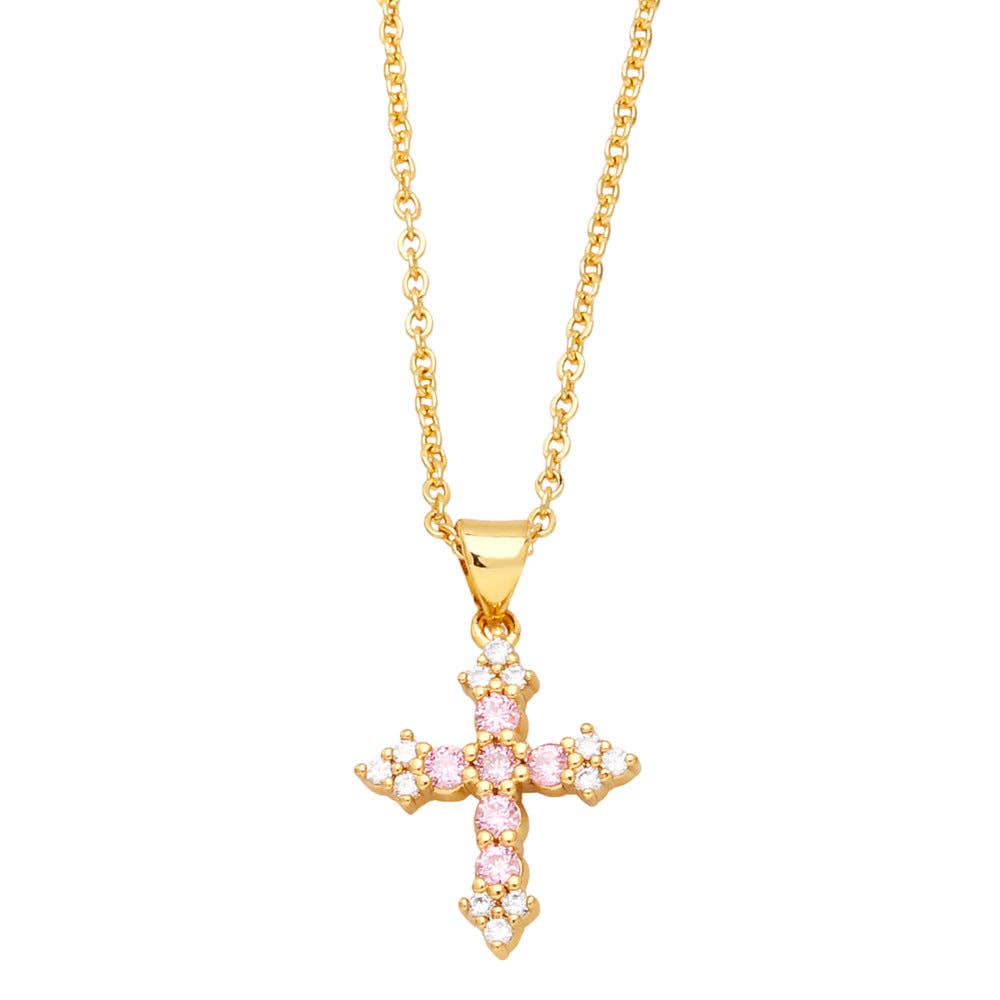 Colorful Cubic Zirconia Cross Pendant Necklace: Pink