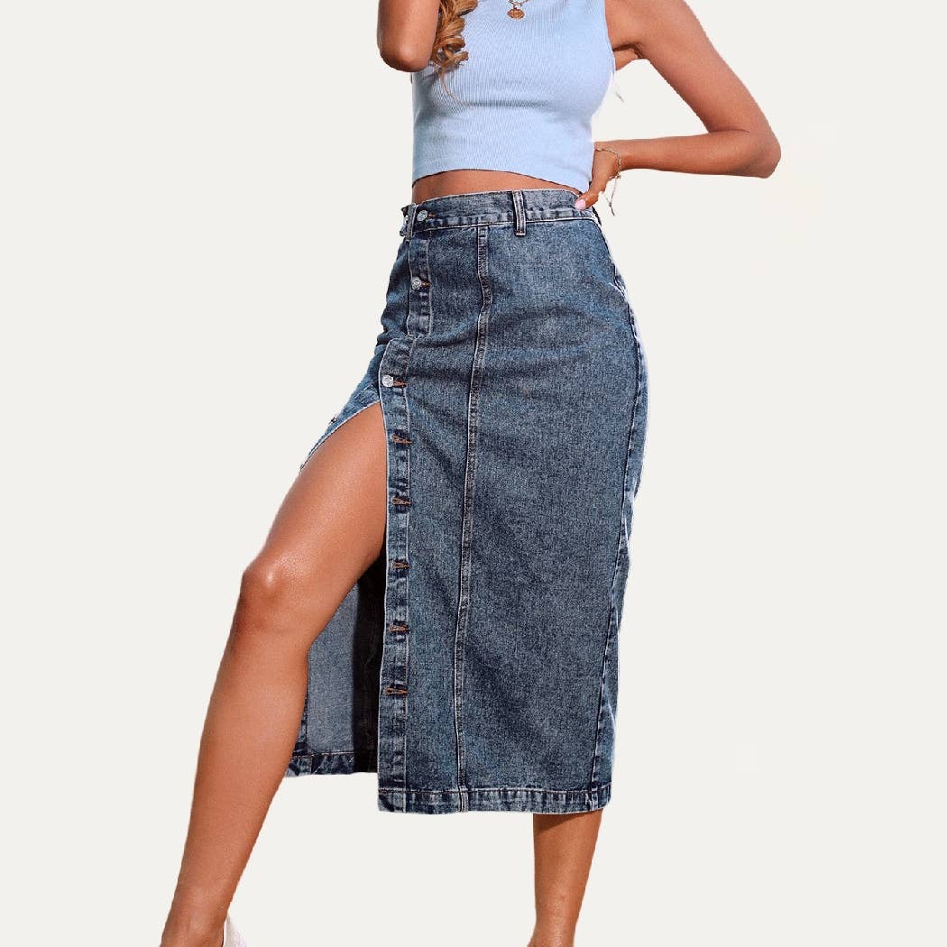 Always Chic Buttons High-Rise Denim Midi Skirt: DARK WASH / S