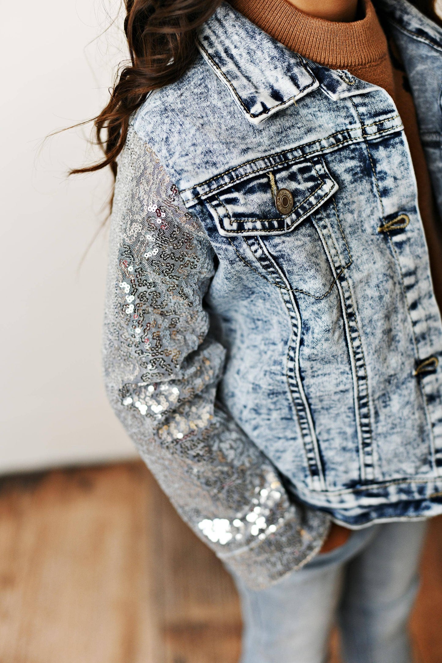 Kids Silver Sequin & Light Wash Denim Button Pocket Jacket: 5
