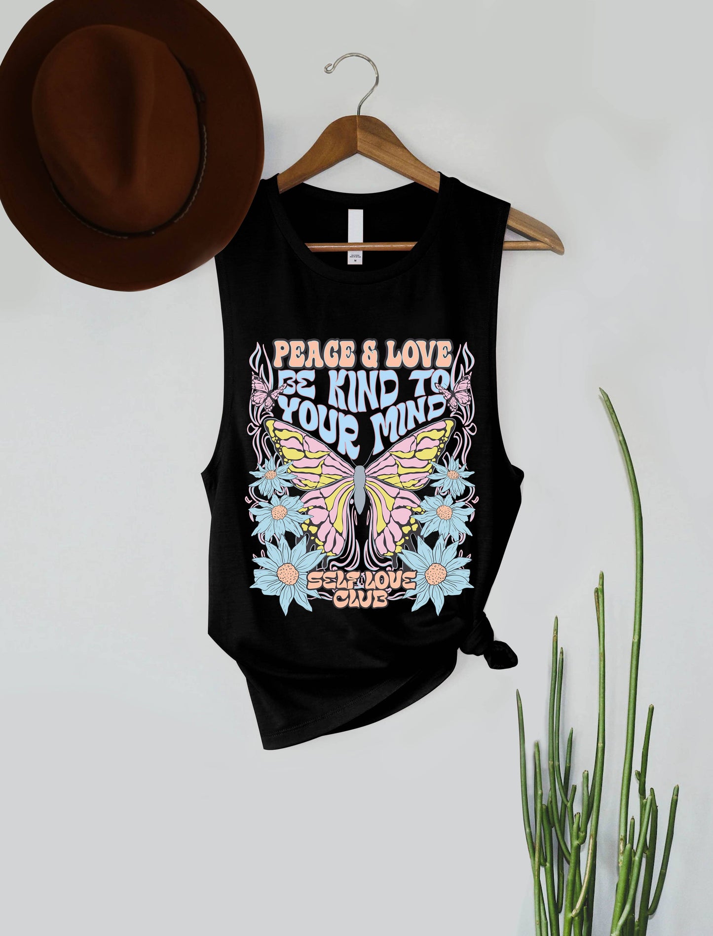 Peace & Love Butterflies Graphic Women's Jersey Tank Top: Black / M