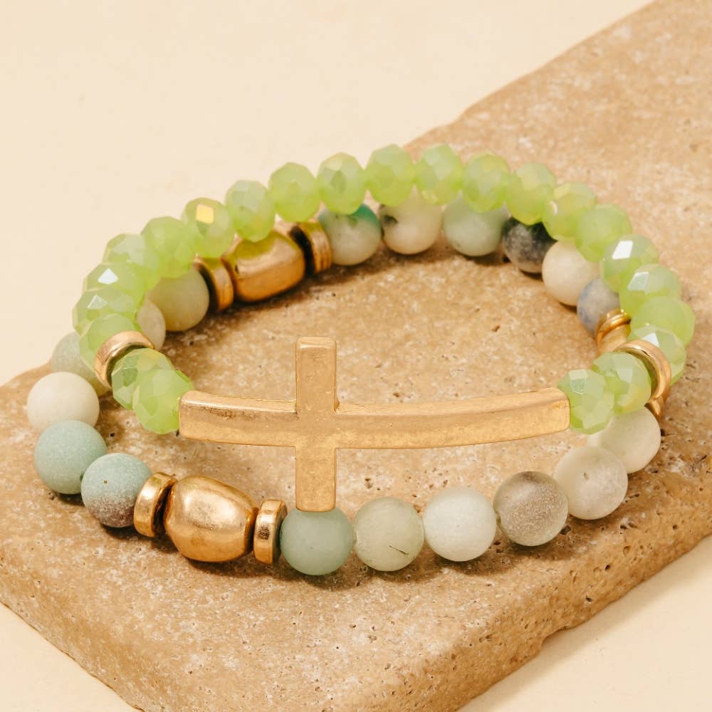 Cross Charm Stone Beaded Bracelet Set: LCTWG