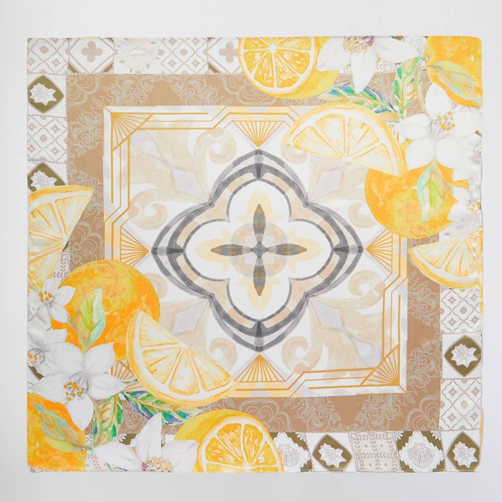 Flower And Lemons Print Square Bandana Scarf: BK