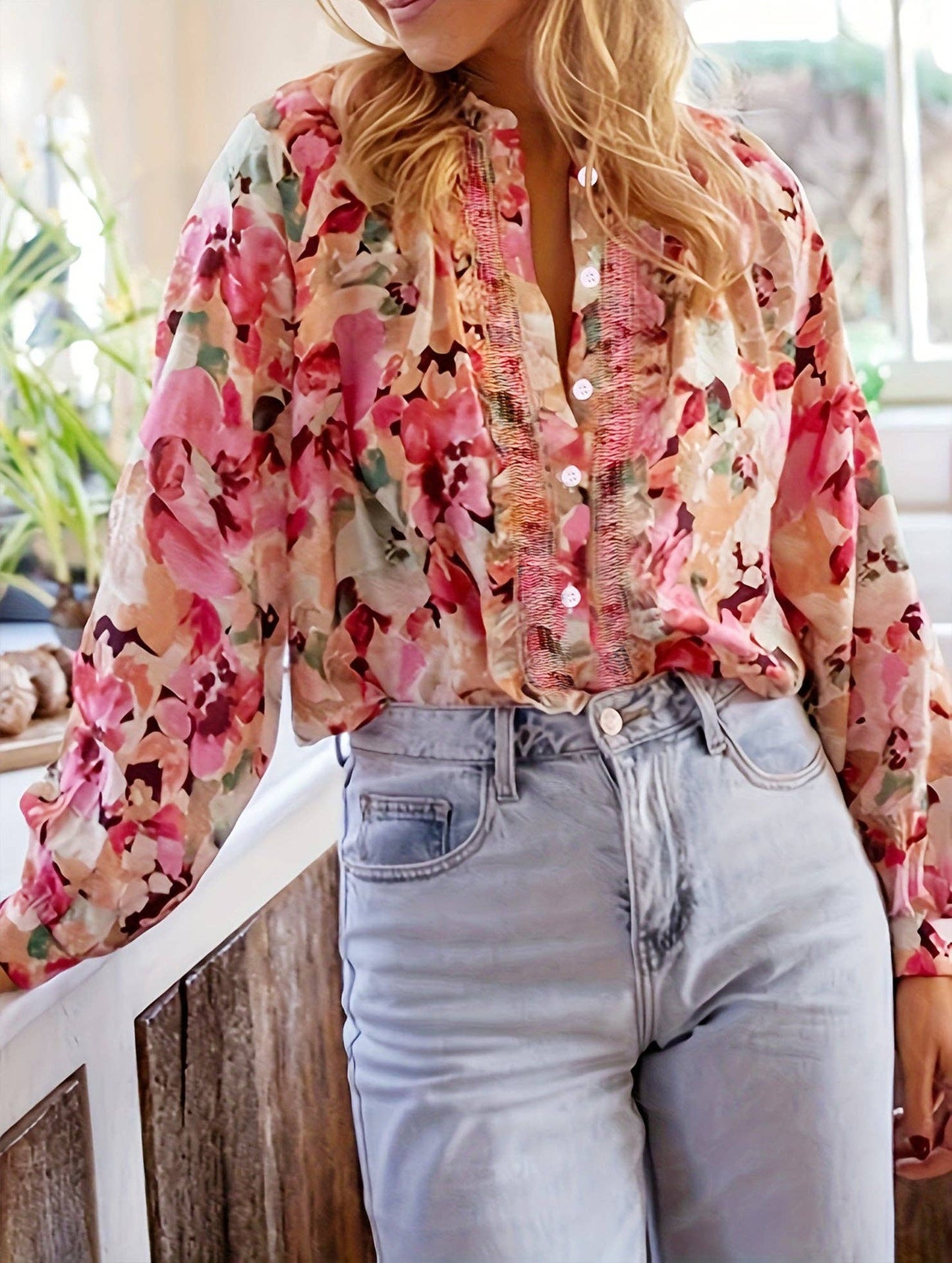 Loose lazy style printed crew neck shirt: Pink / (XL) 1