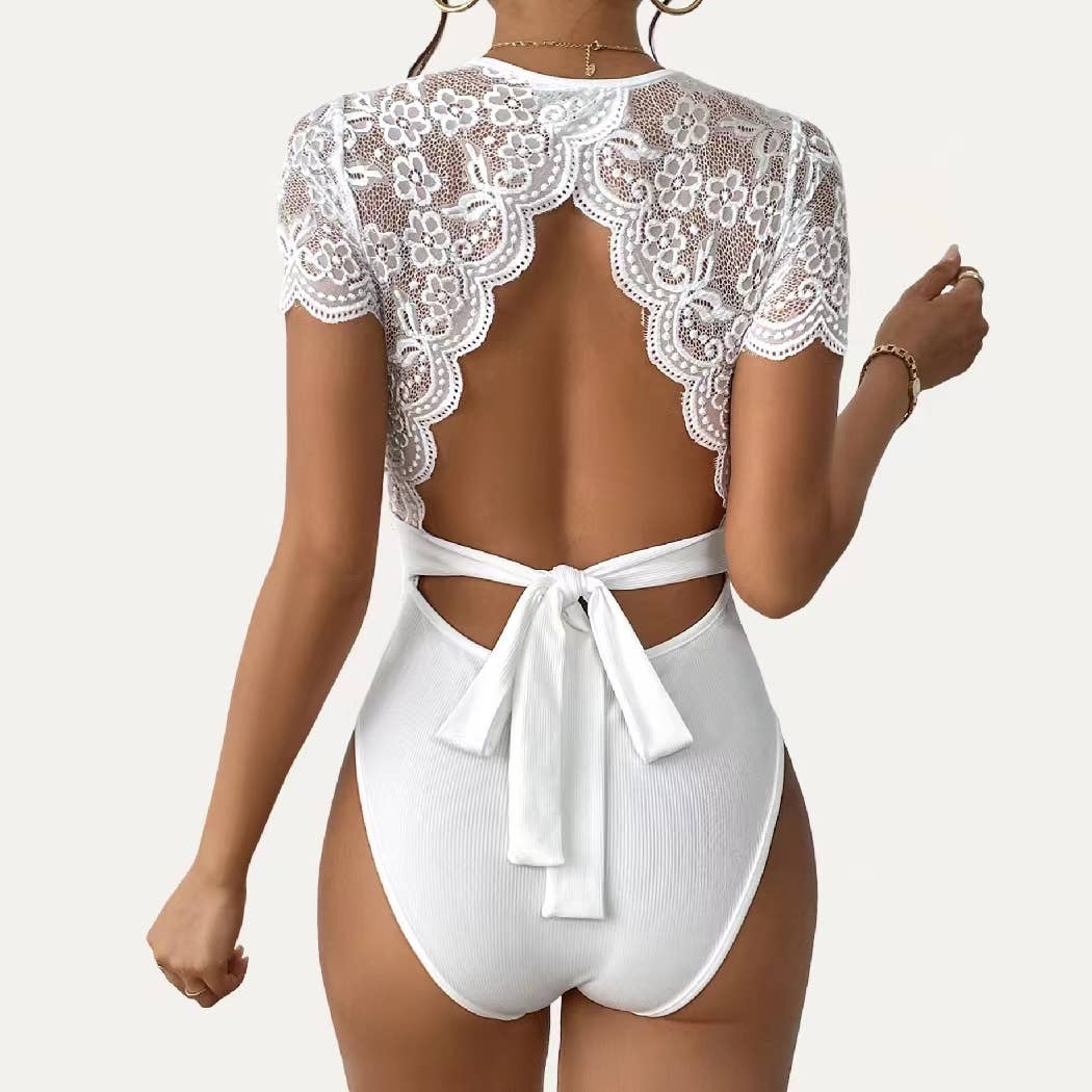 Ribbed Knit Round Neck Tie-Back Short Sleeve Bodysuit: Black / M