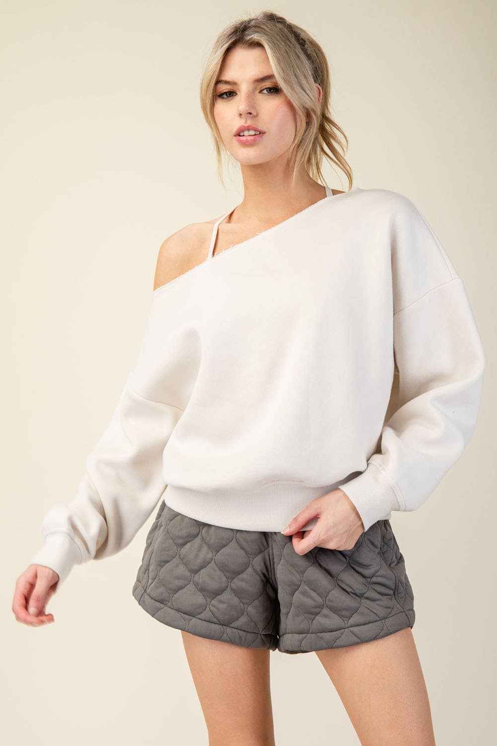 FRENCH TERRY FLEECE OFF SHOULDER SWEATSHIRT: Eucalyptus / S-M-L(2-2-2)