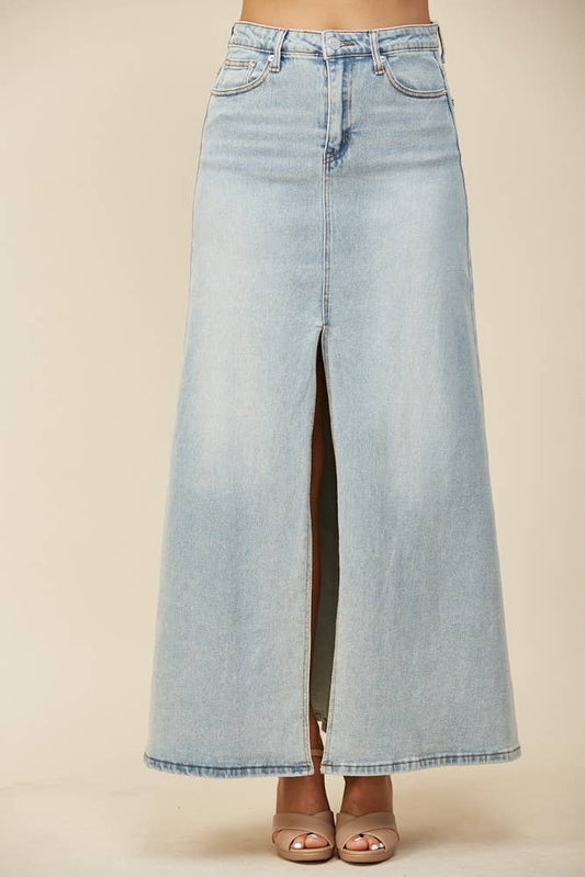 FLOOR LENGTH MAXI DENIM SKIRT WITH SPLIT 5316 : LT DENIM / M