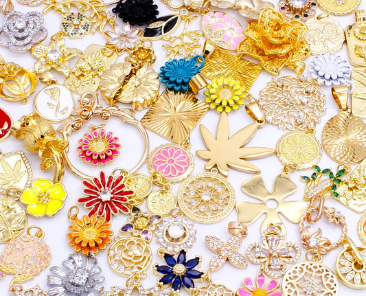 Bulk Gold Flower Charm Bracelet Necklace Charm Bar Supply: 10 pieces