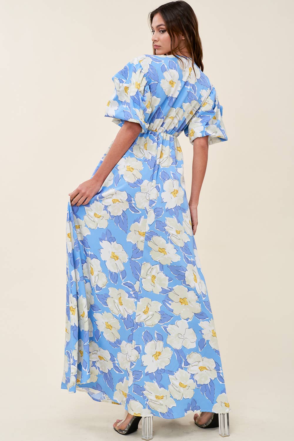 Printed V Neck Maxi Dress - Short Sleeve: PURPLE/LAVENDER