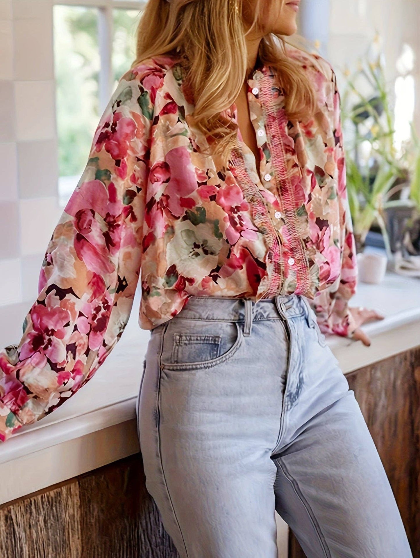 Loose lazy style printed crew neck shirt: Pink / (L) 1