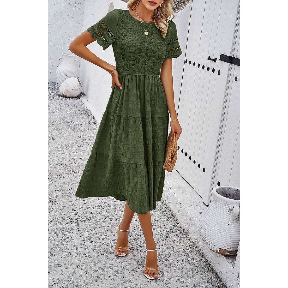 Lace Round Neck Ruched Fit Ruffle Solid Dress: WHITE / XL