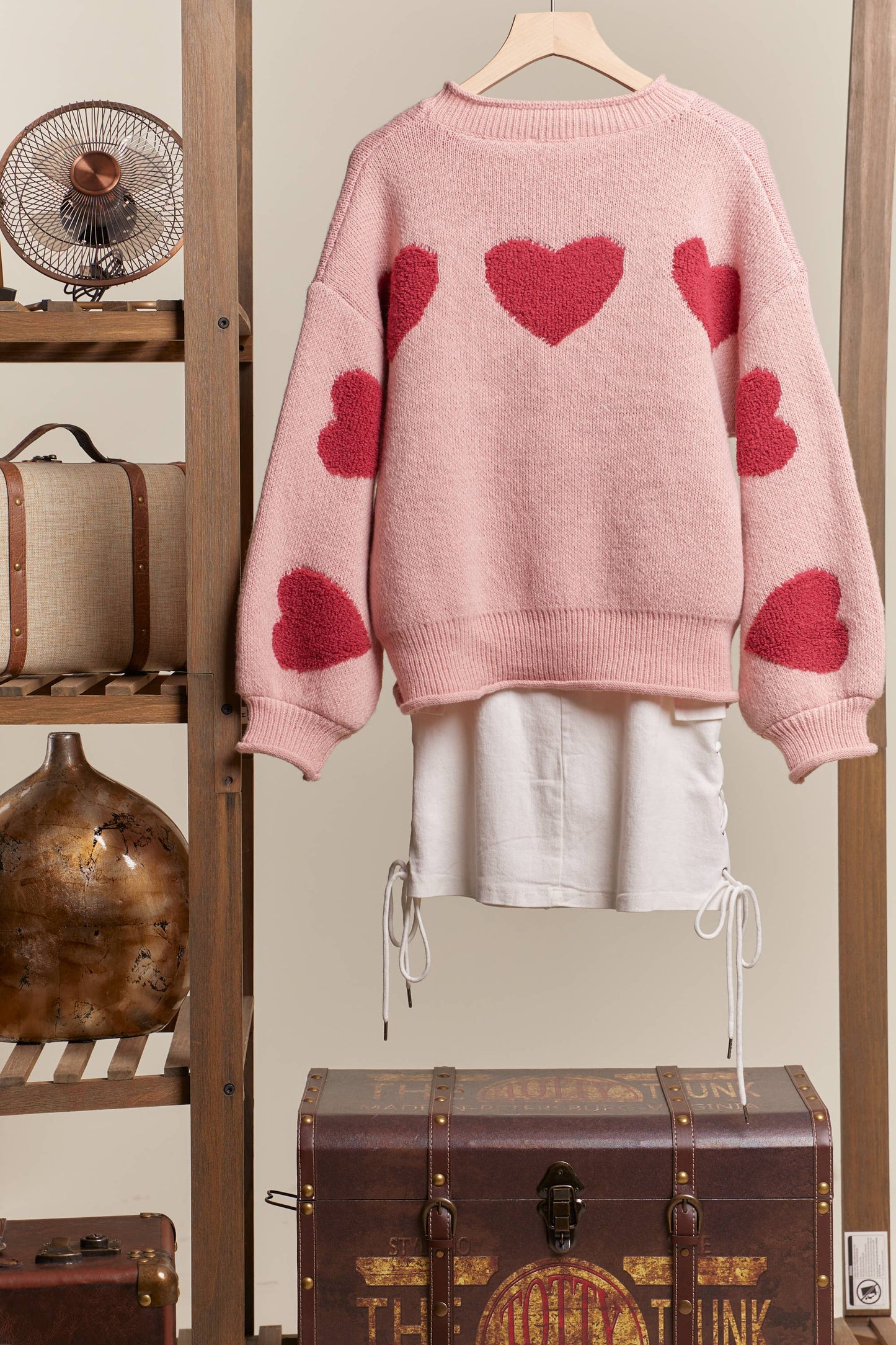 Heart Patched Loose Fit Sweater: Pink / L