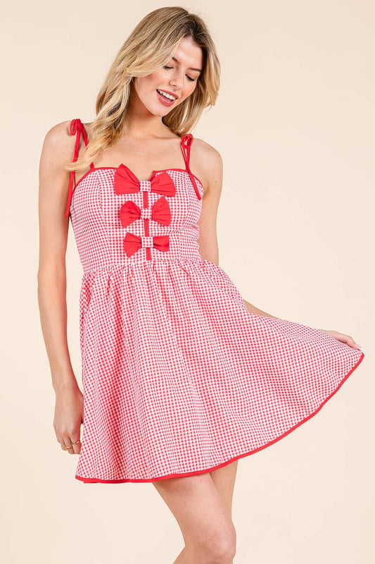 Gingham print mini dress with ribbon decoration: RED / M