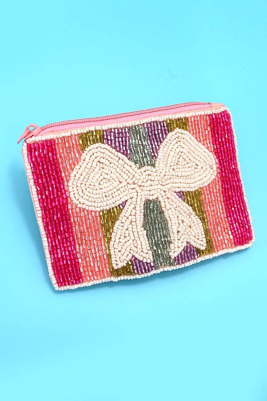 BOW RIBBON RAINBOW WHITE SEED BEAD HOLIDAY POUCH | 91P780: RAINBOW