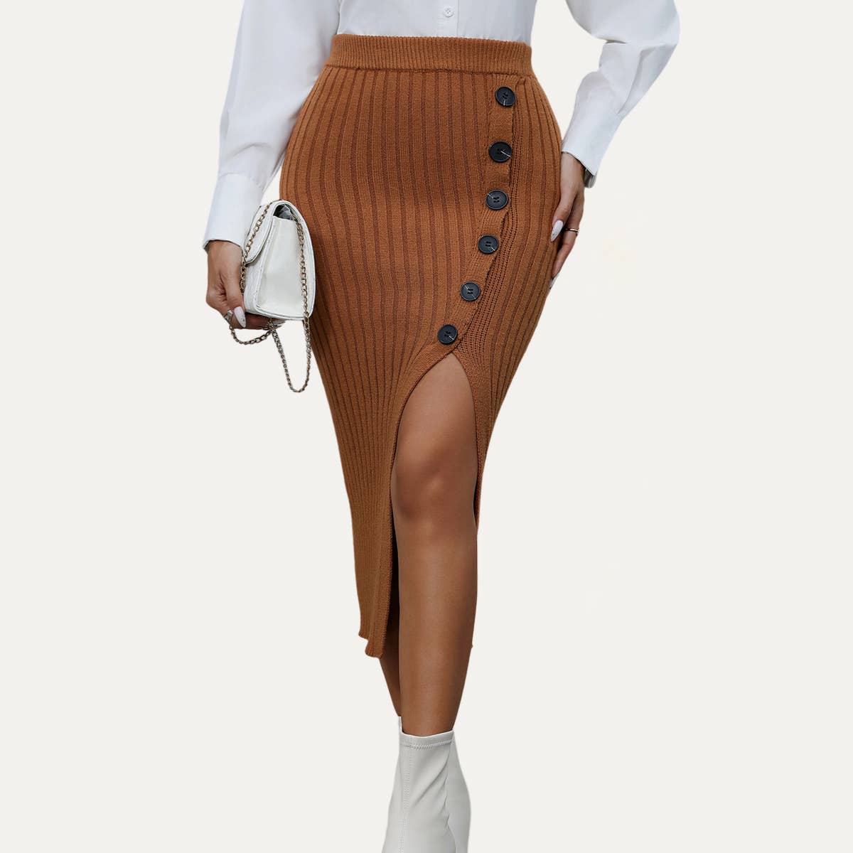 Fashionable Textured High-Waist Button-Front Midi Skirt: Caramel / M