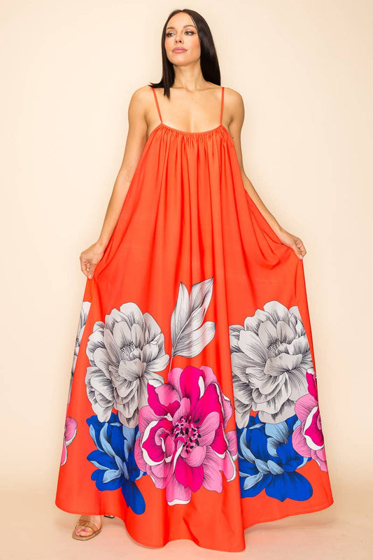 PRINTED MAXI SUN DRESS WITH POCKETS: Orange
