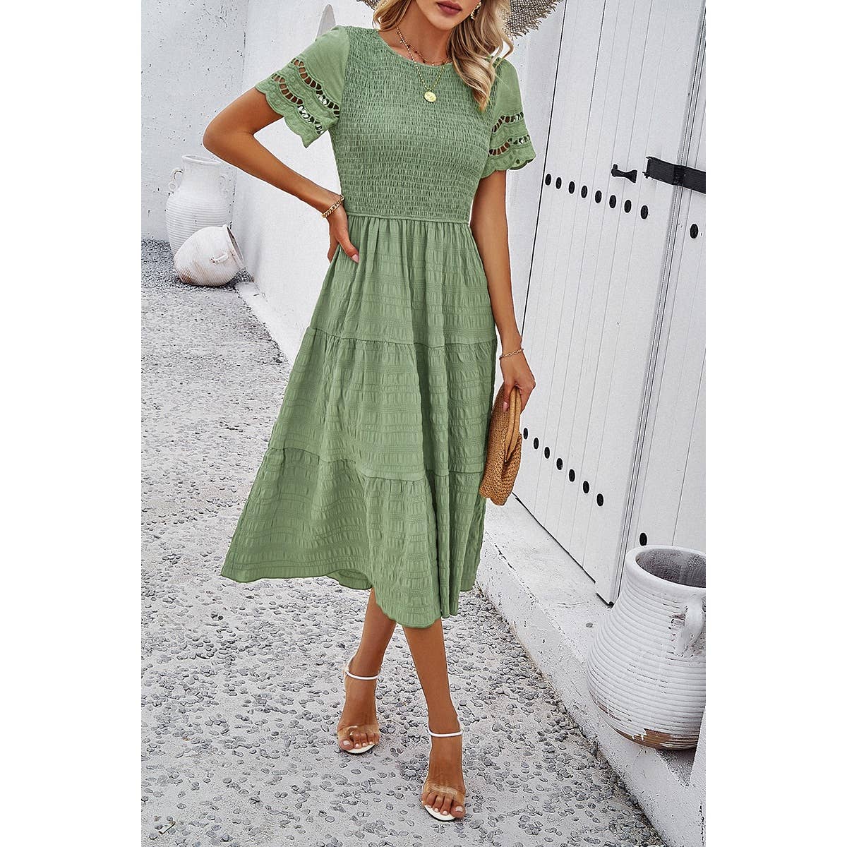 Lace Round Neck Ruched Fit Ruffle Solid Dress: WHITE / XL