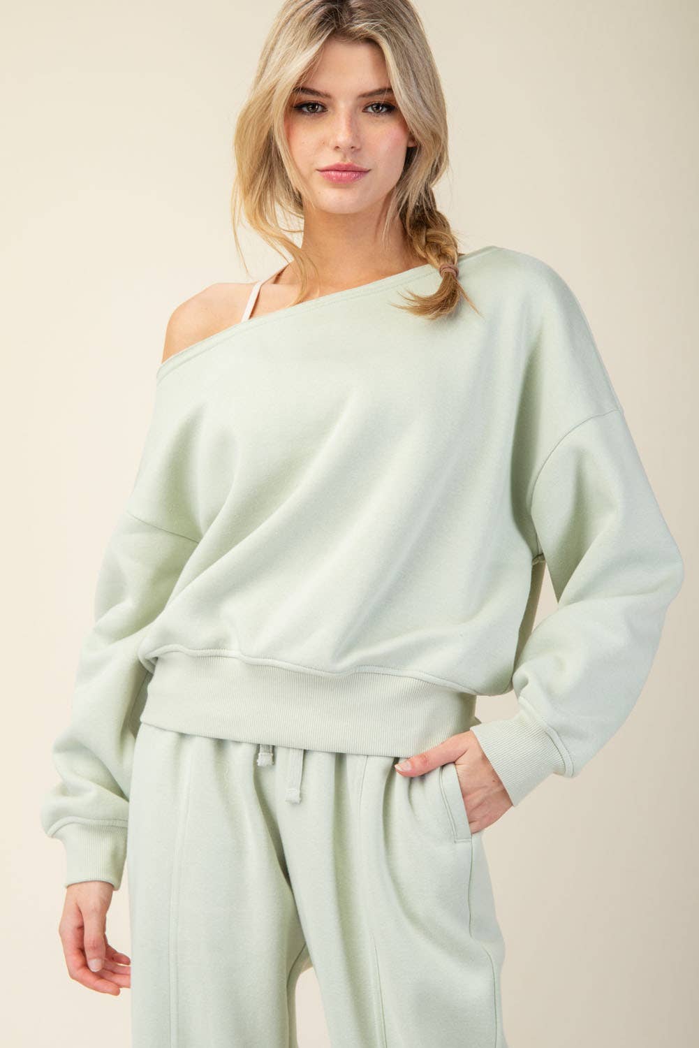 FRENCH TERRY FLEECE OFF SHOULDER SWEATSHIRT: Eucalyptus / S-M-L(2-2-2)