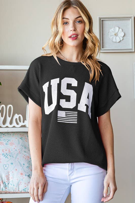 ET7523-11 SOLID RIBBED USA LETTERING TOP: NAVY / 2-2-2 (S-M-L)