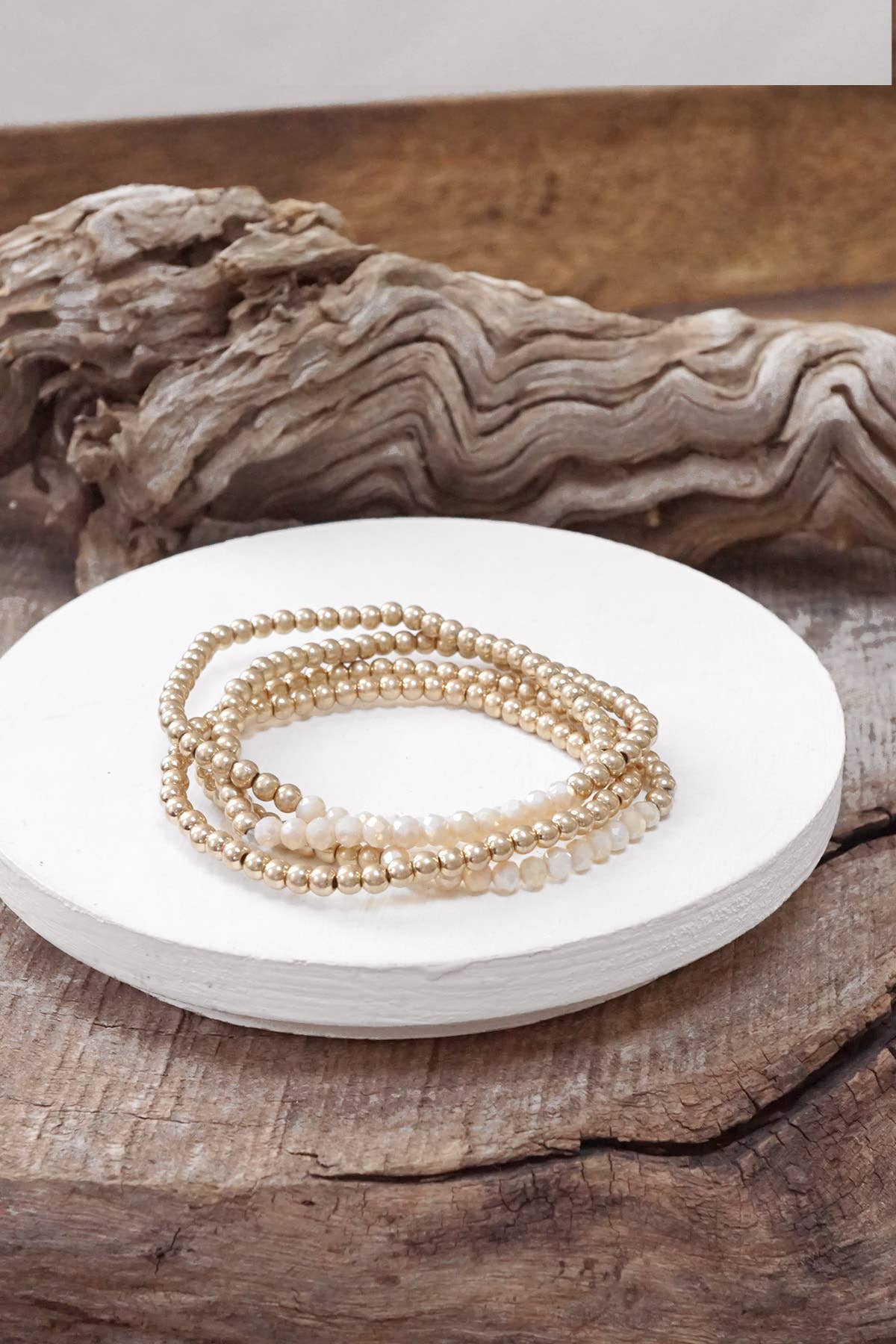 Bracelet stack Small Worn Gold Glass beads Pink Mint Denim: White