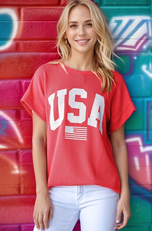 ET7523-11 SOLID RIBBED USA LETTERING TOP: NAVY / 2-2-2 (S-M-L)