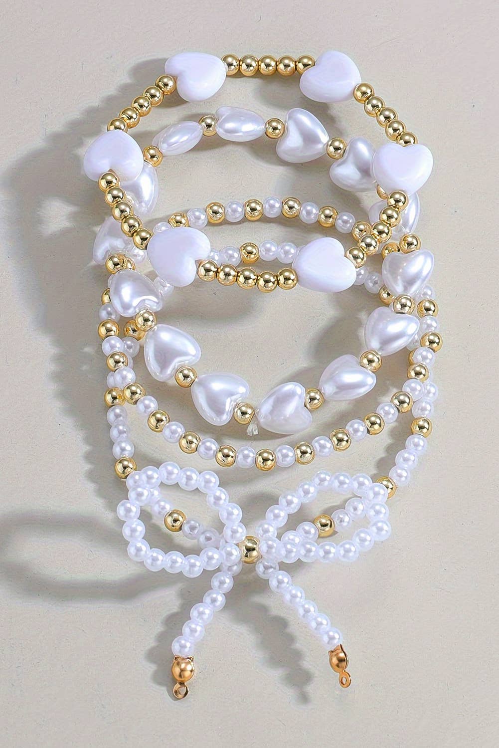 LDC Bow Knot Heart Shape Faux Pearl Beaded Bracelet Set: White