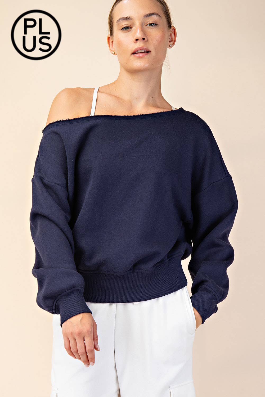 PLUS SIZE FRENCH TERRY FLEECE OFF SHOULDER SWEATSHIRT: Eucalyptus / 1X-2X-3X(3-2-1)