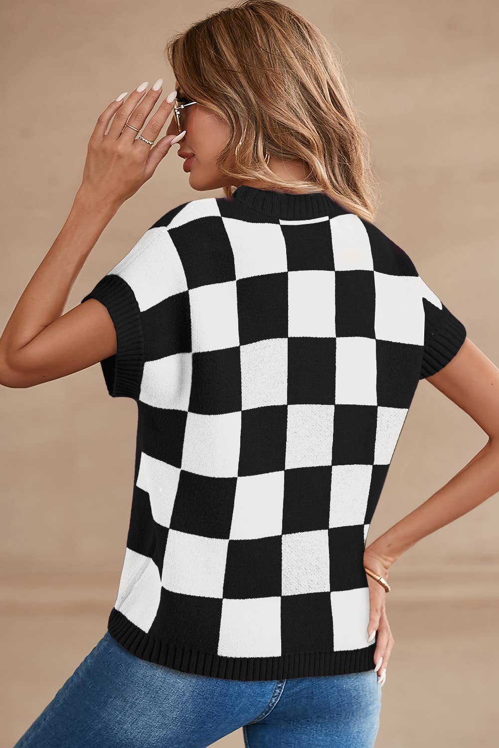 LDC Colorblock Plaid Pattern Ribbed Trim Sweater Tank Top: Black / Missy / XL