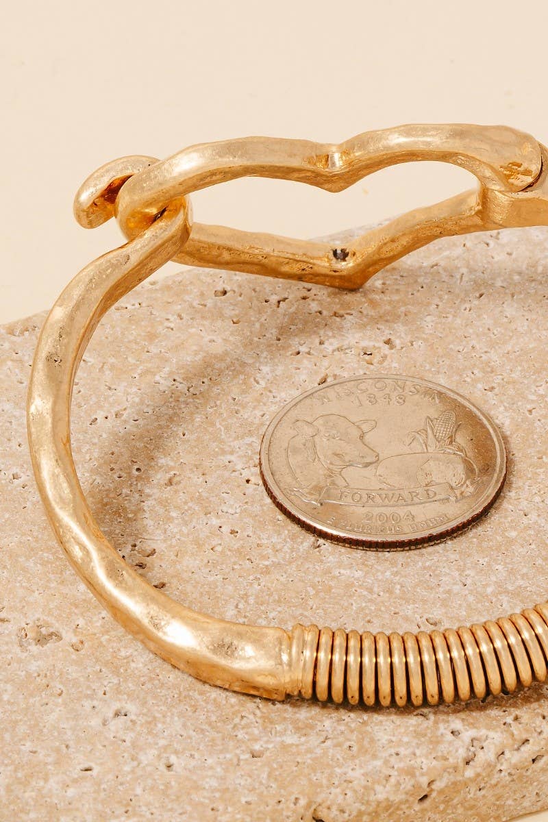 Hammered Heart Coil Spring Hook Bangle Bracelet: WG