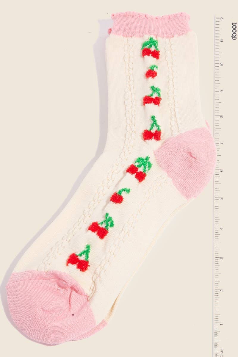 Pink Accent Cherry Embroidered Beige Socks: Beige