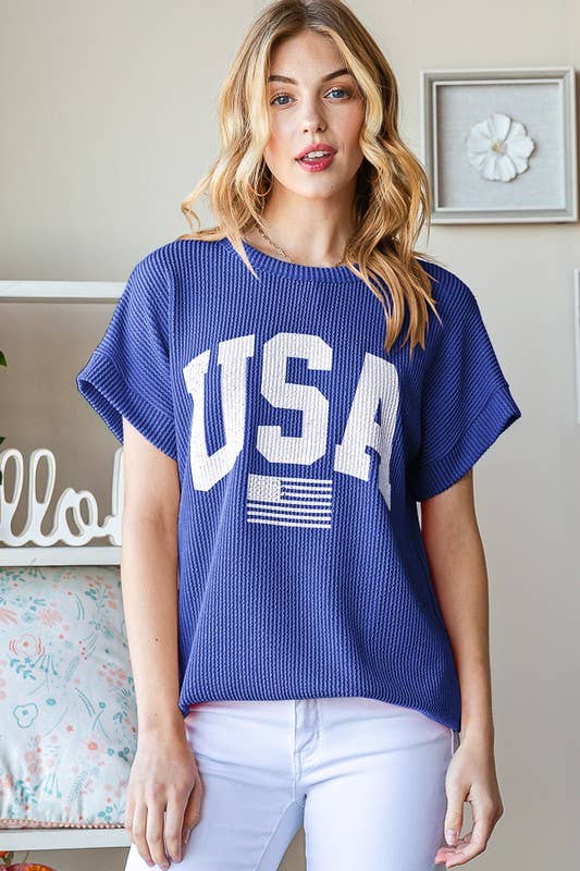 ET7523-11 SOLID RIBBED USA LETTERING TOP: NAVY / 2-2-2 (S-M-L)