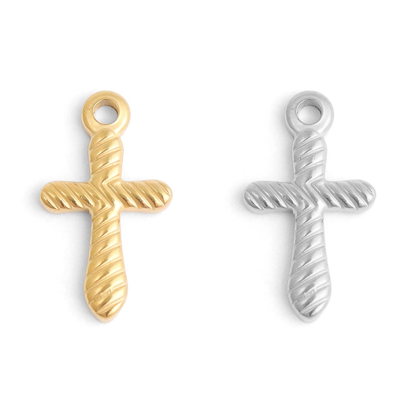18K Gold PVD Stainless Steel Textured Cross Charm: Stainless