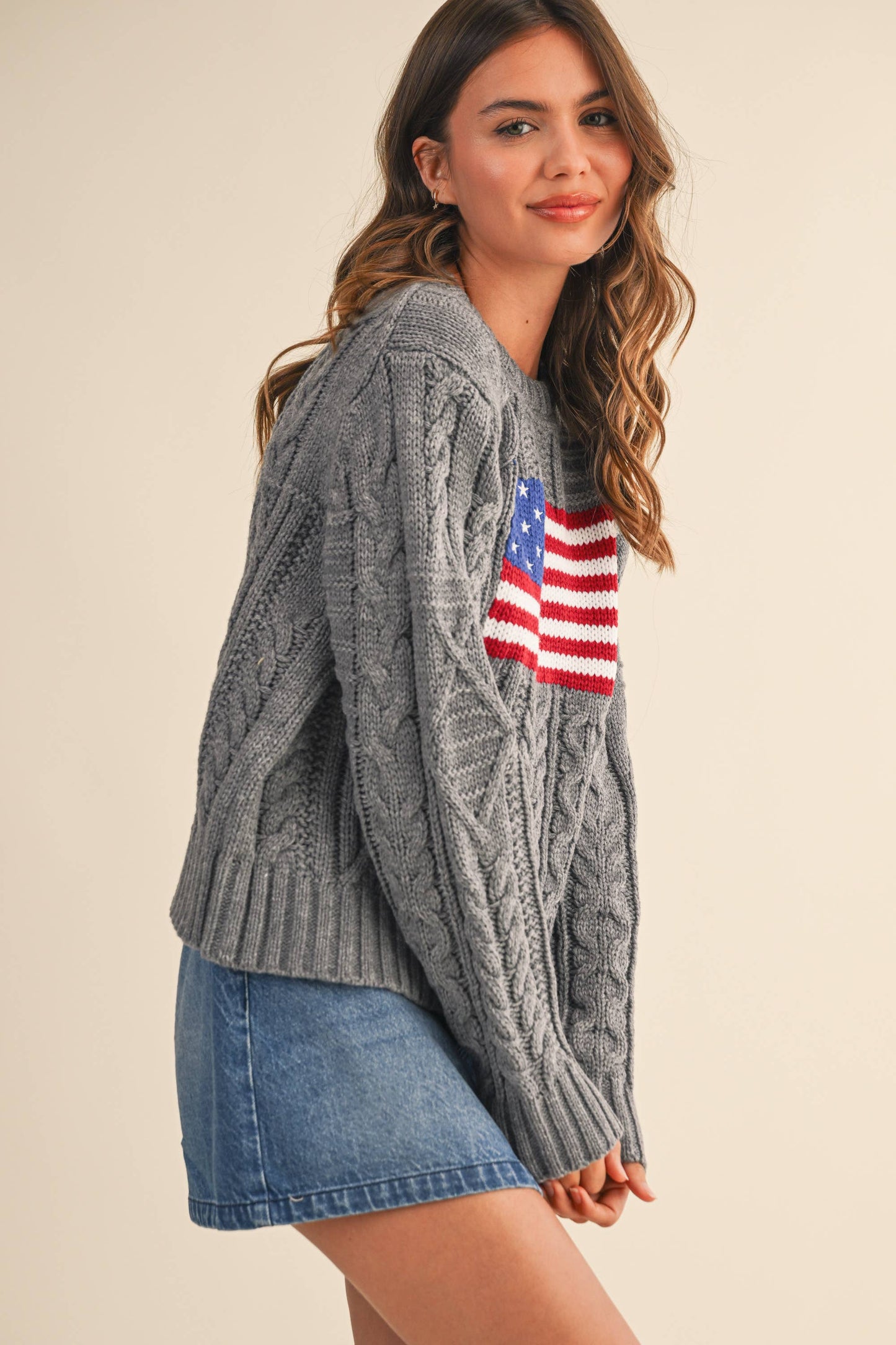 IT4473 USA FLAG CABLE KNIT SWEATER: CREAM / S