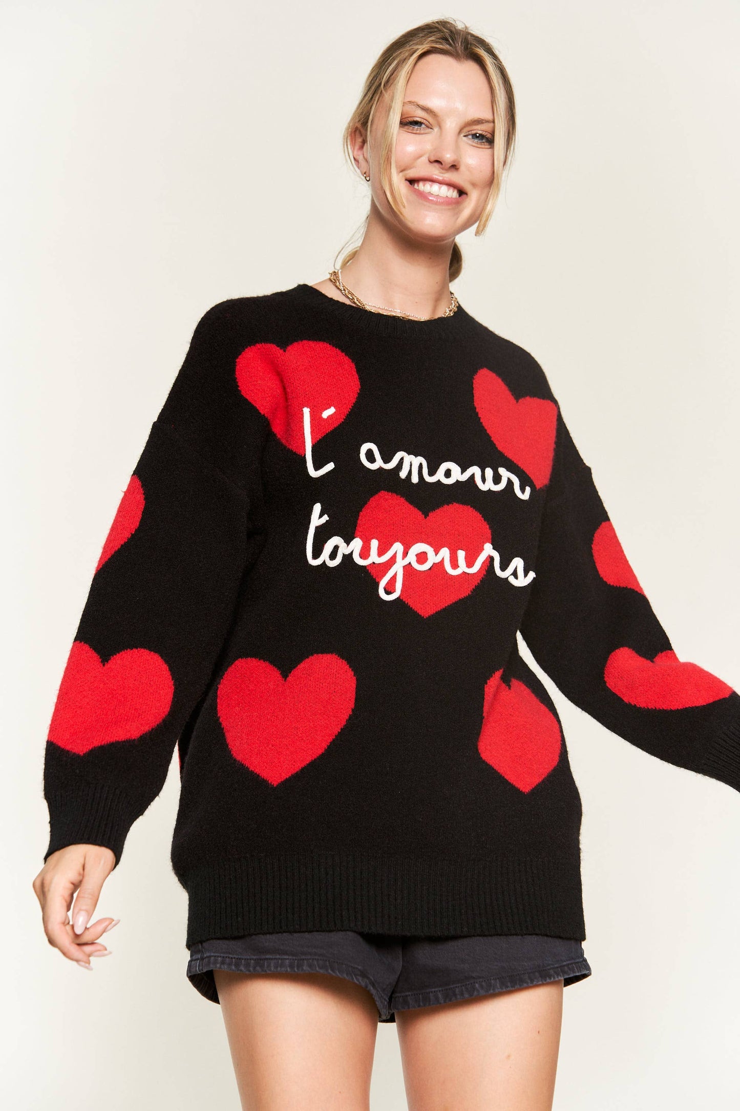 VALENTINE'S HEART PRINT OVERSIZED SWEATER: L/XL