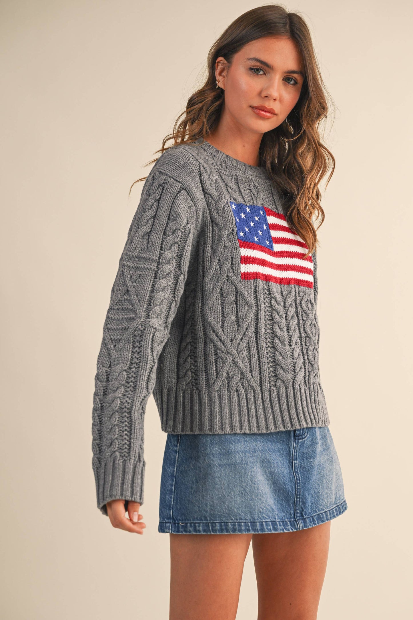 IT4473 USA FLAG CABLE KNIT SWEATER: CREAM / M