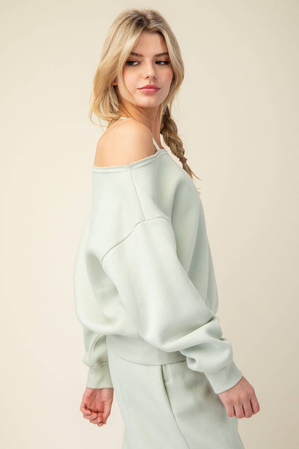 FRENCH TERRY FLEECE OFF SHOULDER SWEATSHIRT: Eucalyptus / S-M-L(2-2-2)