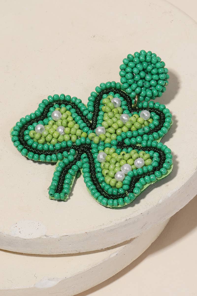 Beaded Shamrock Clover Drop Earrings: GR