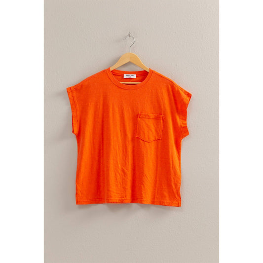 DZ25A640-Round Neck Single Pocket Boxy Washed Tee: TOMATO / S-M-L(2-2-2)